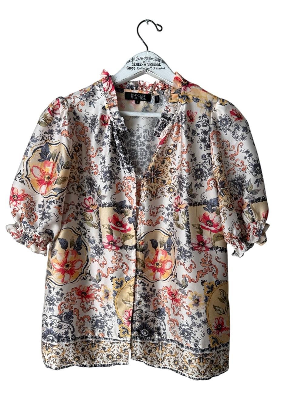 Badgley Mischka Floral Scroll Print Satin Ruffle Sleeve Blouse Size S